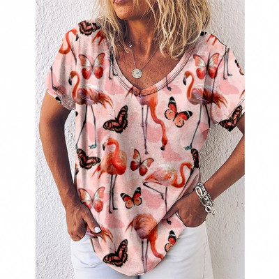 Tricou cu imprimeu Reteo Flamingo pentru femei, stil de plajă de vară, tricouri cu mânecă scurtă, cu decolteu în V, bluză supradimensionată, haine casual pentru femei