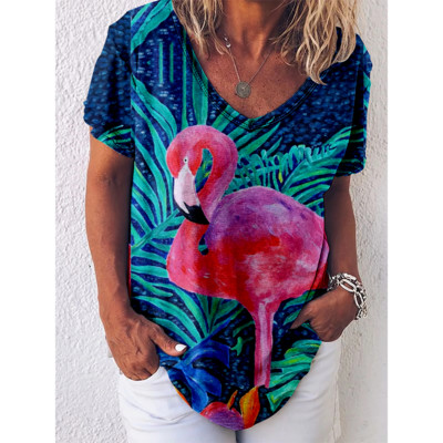Tricou cu imprimeu Reteo Flamingo pentru femei, stil de plajă de vară, tricouri cu mânecă scurtă, cu decolteu în V, bluză supradimensionată, haine casual pentru femei