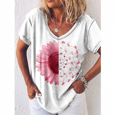Tricou cu imprimeu Reteo Flamingo pentru femei, stil de plajă de vară, tricouri cu mânecă scurtă, cu decolteu în V, bluză supradimensionată, haine casual pentru femei