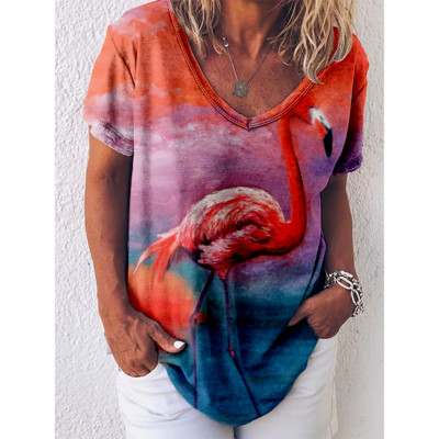 Tricou cu imprimeu Reteo Flamingo pentru femei, stil de plajă de vară, tricouri cu mânecă scurtă, cu decolteu în V, bluză supradimensionată, haine casual pentru femei
