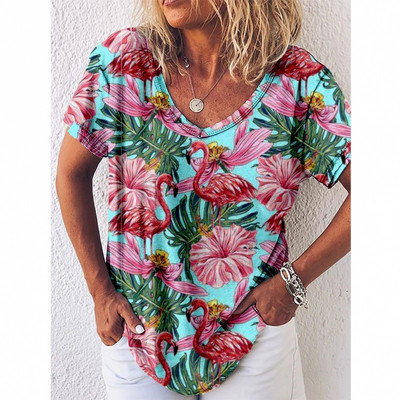 Tricou cu imprimeu Reteo Flamingo pentru femei, stil de plajă de vară, tricouri cu mânecă scurtă, cu decolteu în V, bluză supradimensionată, haine casual pentru femei