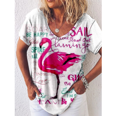 Tricou cu imprimeu Reteo Flamingo pentru femei, stil de plajă de vară, tricouri cu mânecă scurtă, cu decolteu în V, bluză supradimensionată, haine casual pentru femei