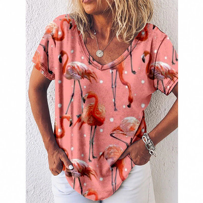 Tricou cu imprimeu Reteo Flamingo pentru femei, stil de plajă de vară, tricouri cu mânecă scurtă, cu decolteu în V, bluză supradimensionată, haine casual pentru femei