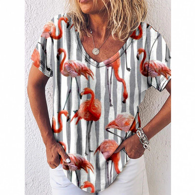 Tricou cu imprimeu Reteo Flamingo pentru femei, stil de plajă de vară, tricouri cu mânecă scurtă, cu decolteu în V, bluză supradimensionată, haine casual pentru femei