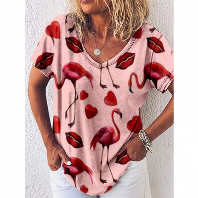 Tricou cu imprimeu Reteo Flamingo pentru femei, stil de plajă de vară, tricouri cu mânecă scurtă, cu decolteu în V, bluză supradimensionată, haine casual pentru femei