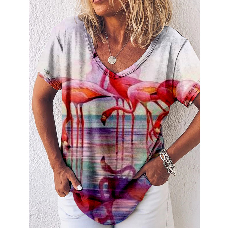 Tricou cu imprimeu Reteo Flamingo pentru femei, stil de plajă de vară, tricouri cu mânecă scurtă, cu decolteu în V, bluză supradimensionată, haine casual pentru femei