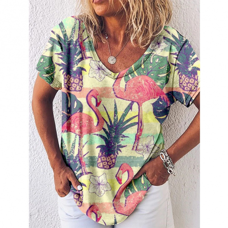 Tricou cu imprimeu Reteo Flamingo pentru femei, stil de plajă de vară, tricouri cu mânecă scurtă, cu decolteu în V, bluză supradimensionată, haine casual pentru femei