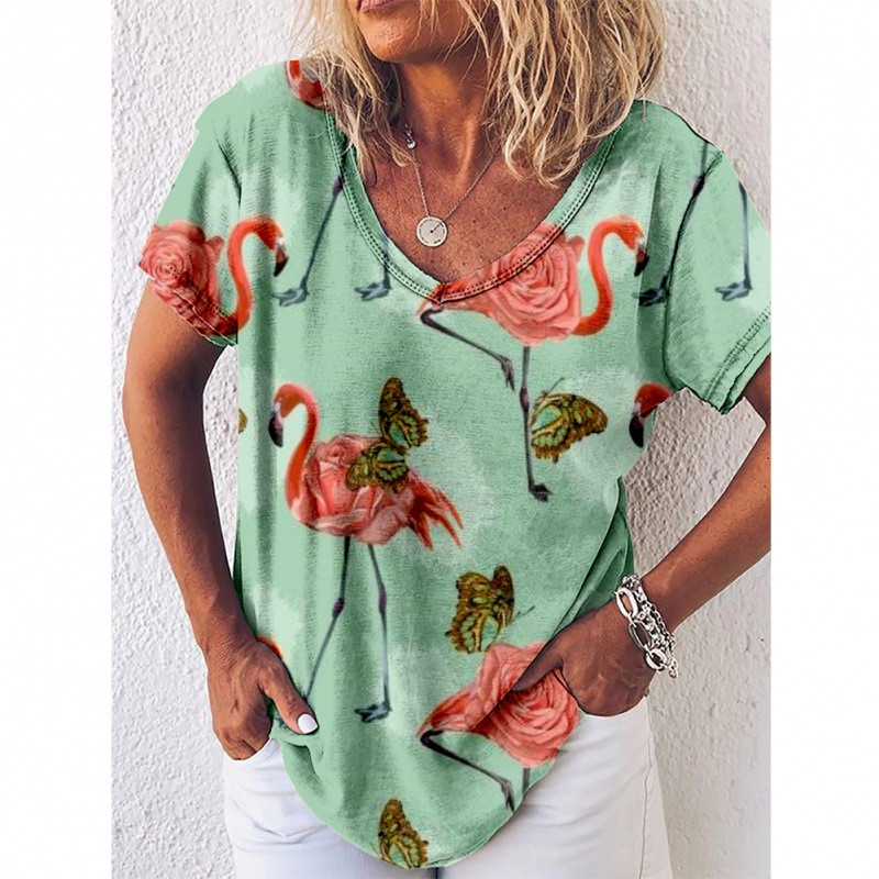 Tricou cu imprimeu Reteo Flamingo pentru femei, stil de plajă de vară, tricouri cu mânecă scurtă, cu decolteu în V, bluză supradimensionată, haine casual pentru femei