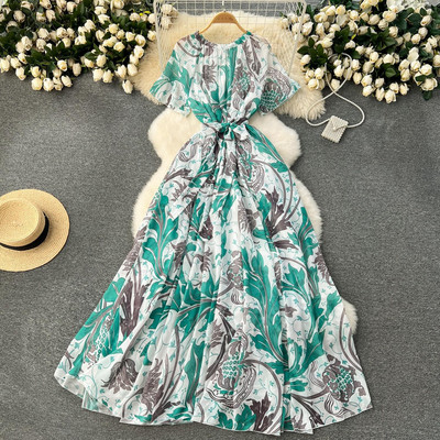 Lusumily Summer New Casual șifon lungă rochie femei imprimate flori rochii Lady Maxi plajă rochie femeie vacanță rochie rochie
