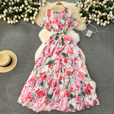 Lusumily Summer New Casual șifon lungă rochie femei imprimate flori rochii Lady Maxi plajă rochie femeie vacanță rochie rochie