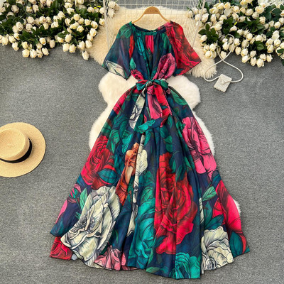 Lusumily Summer New Casual șifon lungă rochie femei imprimate flori rochii Lady Maxi plajă rochie femeie vacanță rochie rochie