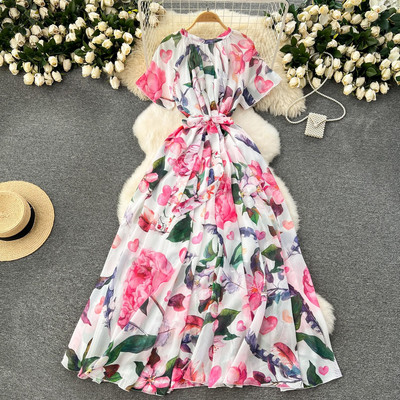 Lusumily Summer New Casual șifon lungă rochie femei imprimate flori rochii Lady Maxi plajă rochie femeie vacanță rochie rochie