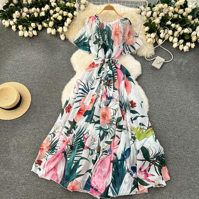 Lusumily Summer New Casual șifon lungă rochie femei imprimate flori rochii Lady Maxi plajă rochie femeie vacanță rochie rochie