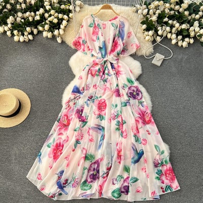 Lusumily Summer New Casual șifon lungă rochie femei imprimate flori rochii Lady Maxi plajă rochie femeie vacanță rochie rochie