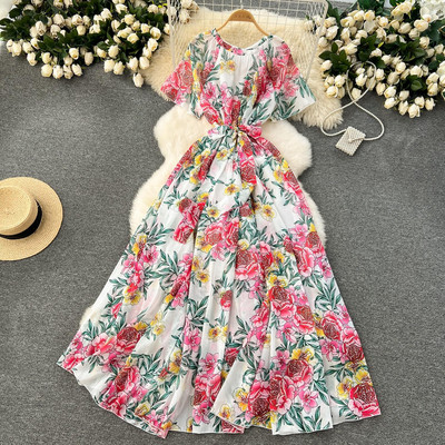 Lusumily Summer New Casual șifon lungă rochie femei imprimate flori rochii Lady Maxi plajă rochie femeie vacanță rochie rochie