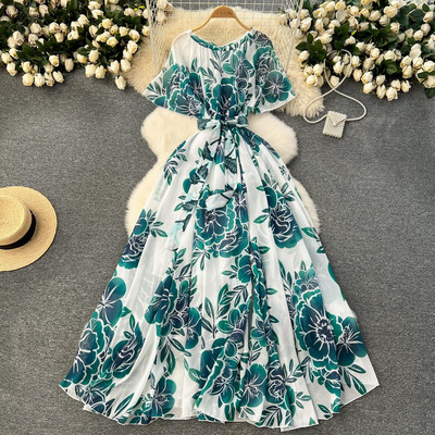 Lusumily Summer New Casual șifon lungă rochie femei imprimate flori rochii Lady Maxi plajă rochie femeie vacanță rochie rochie