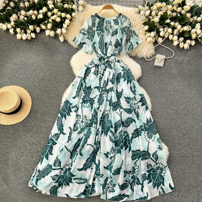 Lusumily Summer New Casual șifon lungă rochie femei imprimate flori rochii Lady Maxi plajă rochie femeie vacanță rochie rochie