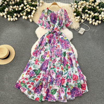 Lusumily Summer New Casual șifon lungă rochie femei imprimate flori rochii Lady Maxi plajă rochie femeie vacanță rochie rochie