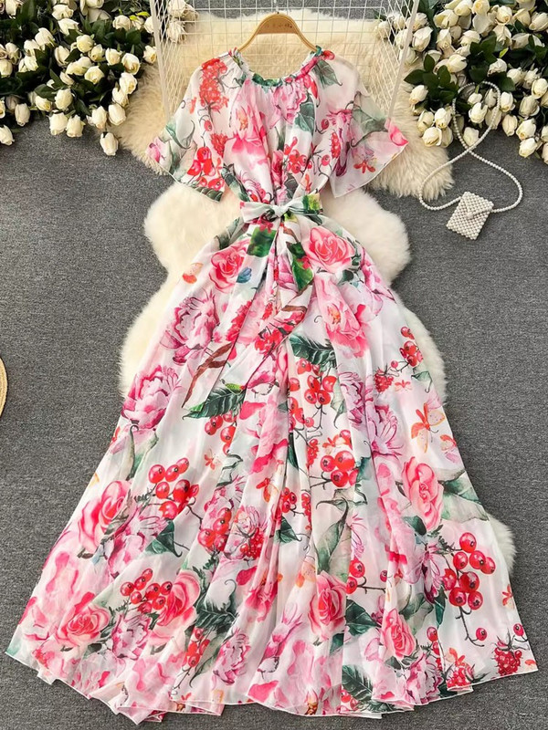 Lusumily Summer New Casual șifon lungă rochie femei imprimate flori rochii Lady Maxi plajă rochie femeie vacanță rochie rochie