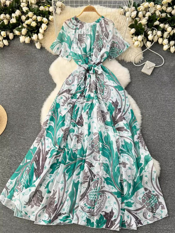 Lusumily Summer New Casual șifon lungă rochie femei imprimate flori rochii Lady Maxi plajă rochie femeie vacanță rochie rochie