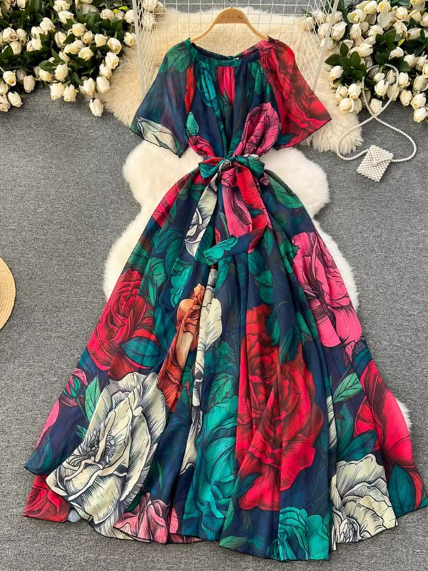 Lusumily Summer New Casual șifon lungă rochie femei imprimate flori rochii Lady Maxi plajă rochie femeie vacanță rochie rochie