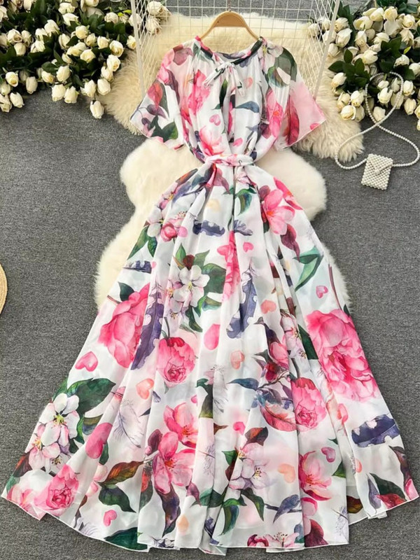 Lusumily Summer New Casual șifon lungă rochie femei imprimate flori rochii Lady Maxi plajă rochie femeie vacanță rochie rochie