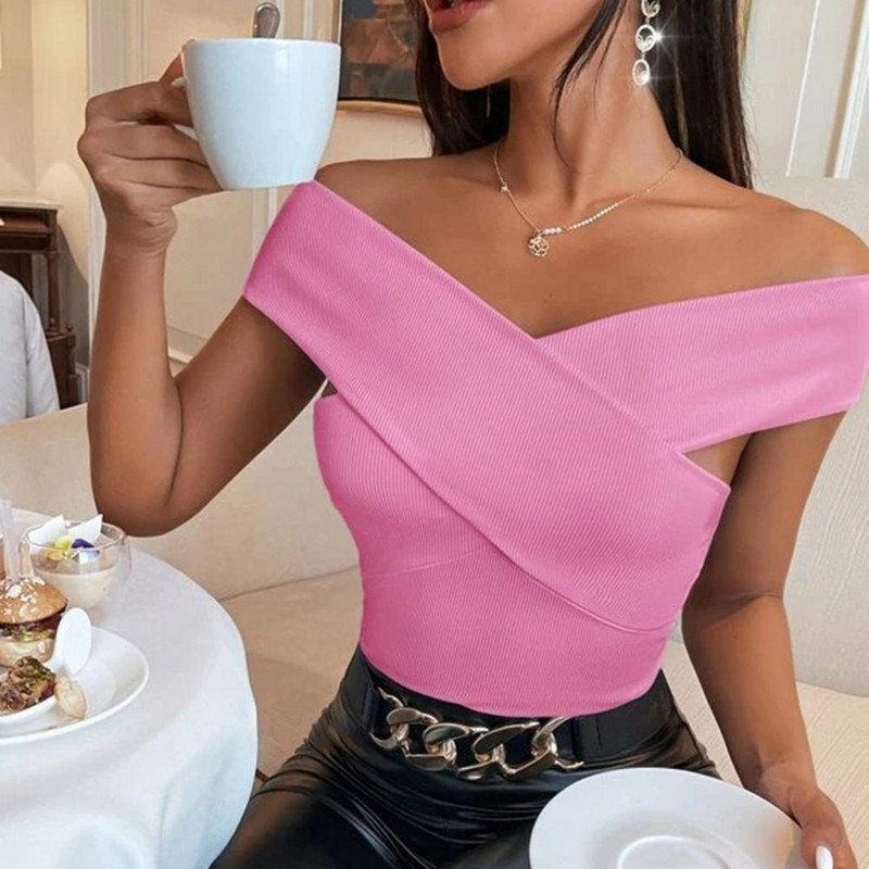 Ženska majica s kratkim rukavima, bluza s križnim vlaknima i vizualnim iskustvom, seksi pulover s križnim izrezom na dva ramena, prsluk s tregerima