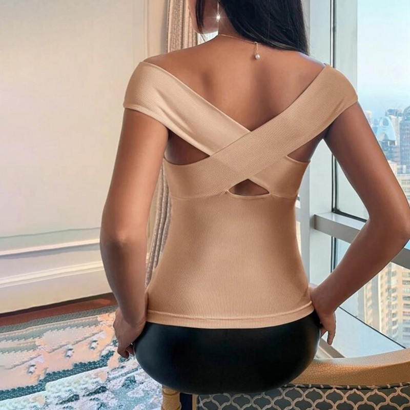 Ženska majica s kratkim rukavima, bluza s križnim vlaknima i vizualnim iskustvom, seksi pulover s križnim izrezom na dva ramena, prsluk s tregerima