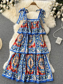 2022 Runway Designer Tort Rochie Femei Sexy Papion Slip Fără spate Cascading Volanat Boho Print Flori Rochii de petrecere Robă M56206