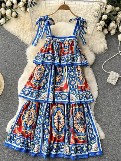 2022 Runway Designer Tort Rochie Femei Sexy Papion Slip Fără spate Cascading Volanat Boho Print Flori Rochii de petrecere Robă M56206