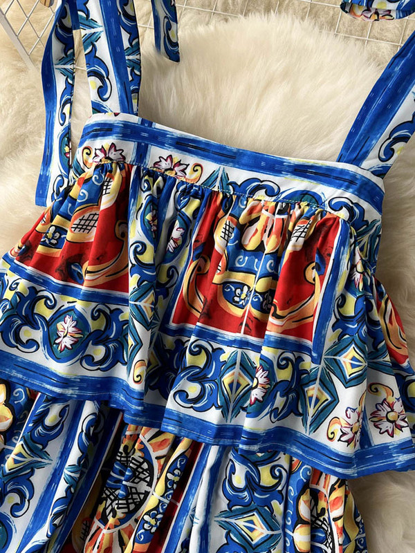 2022 Runway Designer Tort Rochie Femei Sexy Papion Slip Fără spate Cascading Volanat Boho Print Flori Rochii de petrecere Robă M56206