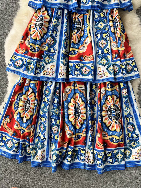 2022 Runway Designer Tort Rochie Femei Sexy Papion Slip Fără spate Cascading Volanat Boho Print Flori Rochii de petrecere Robă M56206