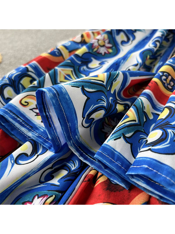 2022 Runway Designer Tort Rochie Femei Sexy Papion Slip Fără spate Cascading Volanat Boho Print Flori Rochii de petrecere Robă M56206