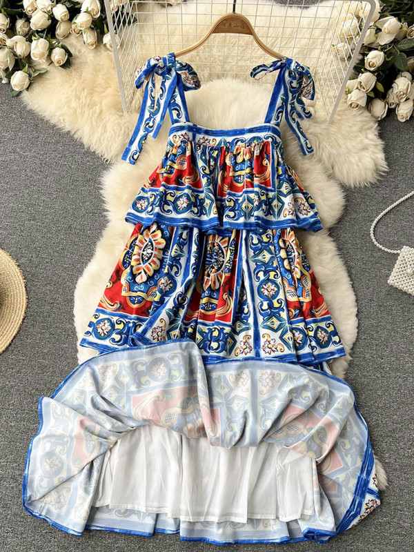 2022 Runway Designer Tort Rochie Femei Sexy Papion Slip Fără spate Cascading Volanat Boho Print Flori Rochii de petrecere Robă M56206