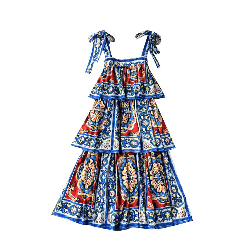 2022 Runway Designer Tort Rochie Femei Sexy Papion Slip Fără spate Cascading Volanat Boho Print Flori Rochii de petrecere Robă M56206