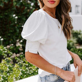 Ženska jesenska majica kratkih rukava Ženska jesenska bluza Elegantna ženska ljetna majica s lanternastim rukavima Okrugli izrez Mekana prozračna Ol za putovanje na posao