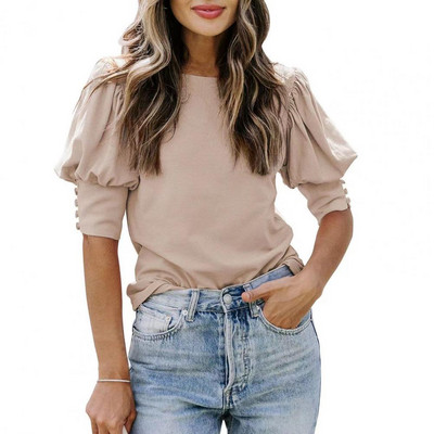 Ženska jesenska majica kratkih rukava Ženska jesenska bluza Elegantna ženska ljetna majica s lanternastim rukavima Okrugli izrez Mekana prozračna Ol za putovanje na posao