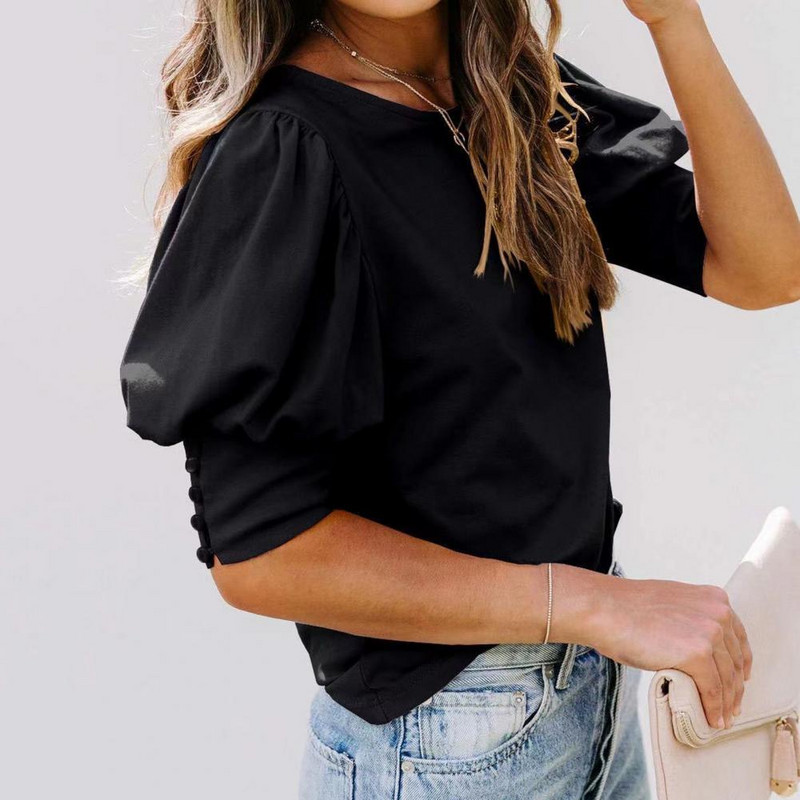 Ženska jesenska majica kratkih rukava Ženska jesenska bluza Elegantna ženska ljetna majica s lanternastim rukavima Okrugli izrez Mekana prozračna Ol za putovanje na posao