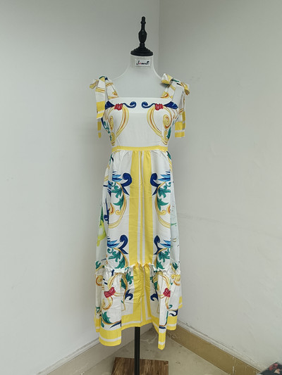 JAMERARY Designer Holiday Blue White Yellow Porcelain Floral Print Summer Dress For Women Straps Bow Midi Long Vestidos Beach