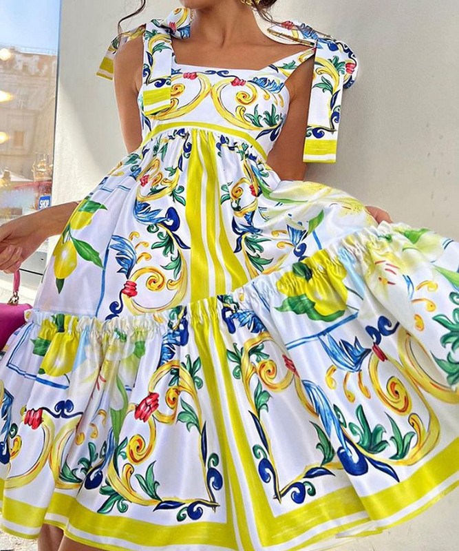 JAMERARY Designer Holiday Blue White Yellow Porcelain Floral Print Summer Dress For Women Straps Bow Midi Long Vestidos Beach