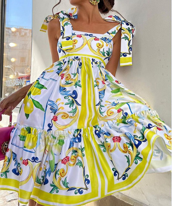 JAMERARY Designer Holiday Blue White Yellow Porcelain Floral Print Summer Dress For Women Straps Bow Midi Long Vestidos Beach
