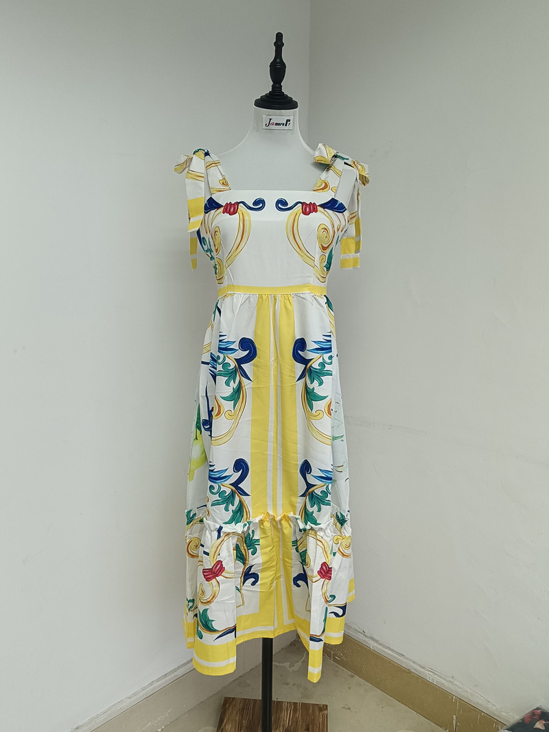 JAMERARY Designer Holiday Blue White Yellow Porcelain Floral Print Summer Dress For Women Straps Bow Midi Long Vestidos Beach