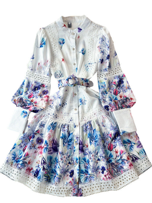 2024 Runway Rochii scobite Femei Stand cu mâneci lungi cu lanternă Curea cu un singur piept Rochie mini cu imprimeu floral Robă pentru seniori superbă