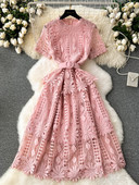 Új divat Új, hosszú csipkés, vintage buliruha Női Elegáns Vágott öves ruha Női ünnepi alkalmi ruhák Lady Vestidos