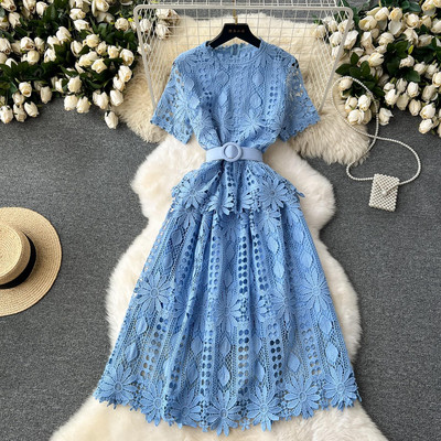 Új divat Új, hosszú csipkés, vintage buliruha Női Elegáns Vágott öves ruha Női ünnepi alkalmi ruhák Lady Vestidos