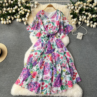 Moda vara noua rochie lunga din sifon femei imprimate flori rochii dama maxi rochie plaja femeie vacanta largi rochie rochie