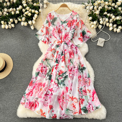 Moda vara noua rochie lunga din sifon femei imprimate flori rochii dama maxi rochie plaja femeie vacanta largi rochie rochie