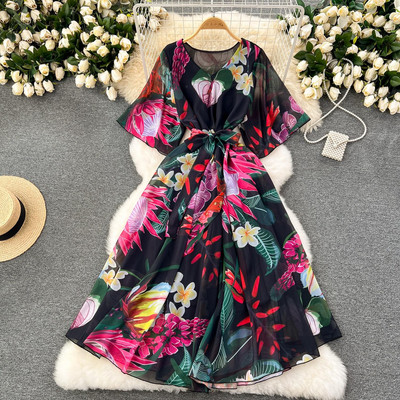 Moda vara noua rochie lunga din sifon femei imprimate flori rochii dama maxi rochie plaja femeie vacanta largi rochie rochie
