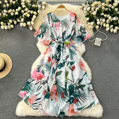Moda vara noua rochie lunga din sifon femei imprimate flori rochii dama maxi rochie plaja femeie vacanta largi rochie rochie