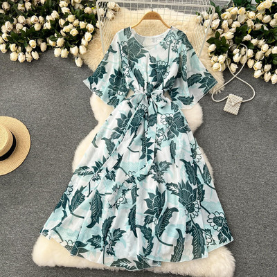 Moda vara noua rochie lunga din sifon femei imprimate flori rochii dama maxi rochie plaja femeie vacanta largi rochie rochie